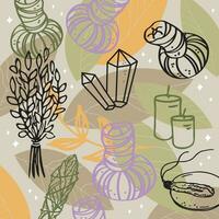 Ayurveda body care random pattern hand drawn vector background candles, aroma oil, herbs, incense crystal. Concept textured ornament Indian massage spa lifestyle energy health traditional Hindu system