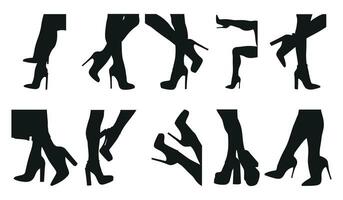 conjunto negro silueta de hembra piernas en un pose. Zapatos tacones de aguja, alto tacones caminando, de pie, correr, saltando, danza vector