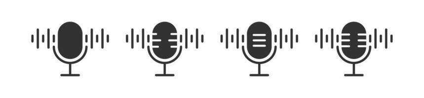 Mic icon. Microphone signs. Voice symbol. Audio record symbols. Radio, podcast, speech, broadcast, speaker icons. Black color. Vector sign.