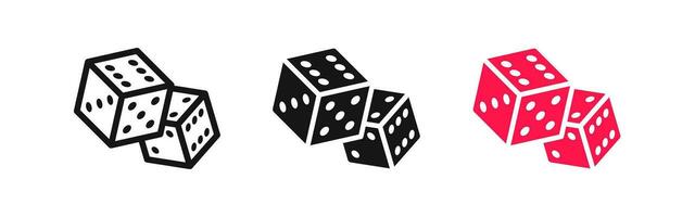 Game dice icon. Casino symbol. Roll chance signs. Two cubes of random number symbols. Gamble icons. Black, red color. Vector sign.