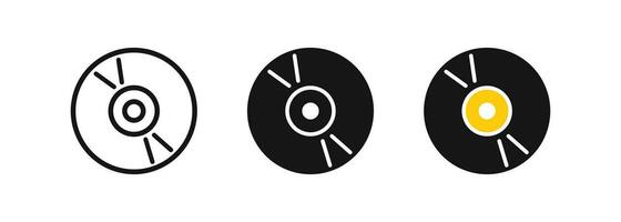 Vinyl disc icon. Compact disk symbol. Record music signs. Turntable symbols. Retro  album icons. Black, yellow color. Vector sign.