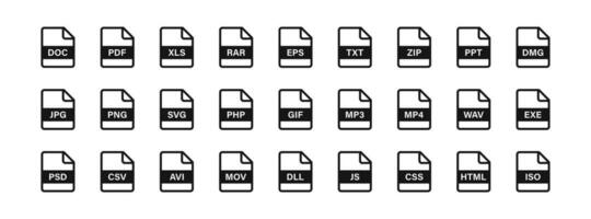 archivo icono. formato de documentos en el computadora símbolo. jpg, pdf, doc, rar, eps, TXT, cremallera, ppt señales. vídeo archivos simbolos presentación, audio, diseño iconos negro color. vector signo.