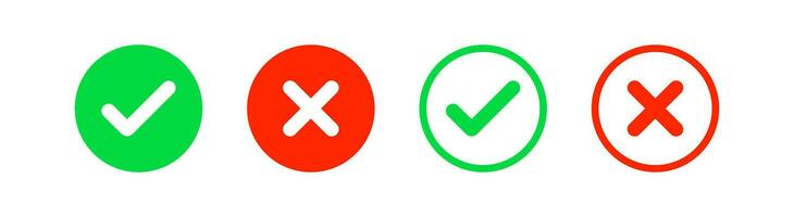 Check mark icon. Tick, x signs. Cancel symbol. Close symbols. Wrong, correct, ok, yes, no in circle icons. Green, red color. Vector sign.