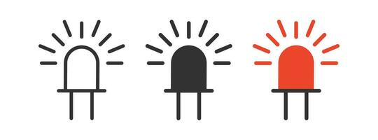 Led icon. Light emitting diode signs. Red bulb symbol. Electronic component symbols. Anode, cathode icons. Black, red color. Vector sign.