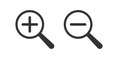 Zoom icon. Magnify search signs. Plus, minus the glass tool symbol. Enlarge symbols. Loupe icons. Black color. Vector isolated sign.