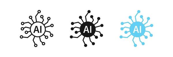 AI chip icon. Artificial intelligence symbol. Computer technology signs. Smart robot symbols. Digital intellect icons. Black, blue color. Vector sign.