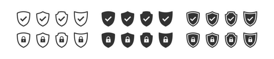 Shield safety icon. Protect symbol. Defense signs. Safe lock symbols. Strong defense icons. Black color. Vector sign.