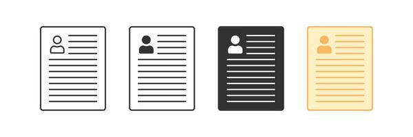 Resume icon. Document symbol. Hr signs. CV form symbols. Personal information icons. Black, flat color. Vector sign.