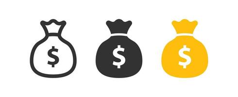 Money bag icon. Cash sack symbol. Dollar coin signs. Bank debt symbols. Treasure icons. Black, yellow color. Vector sign.