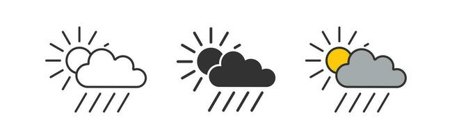 Rain icon. Weather symbol. Sun with cloud signs. Climate symbols. Cloudy icons. Black, flat color. Vector sign.