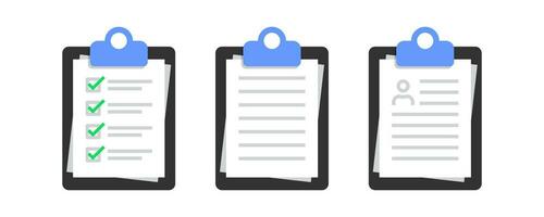 Checklist with task icon. Checklist symbol. Document test signs. Complete work on the board symbols. CV icons. Business form. Flat color. Vector sign.