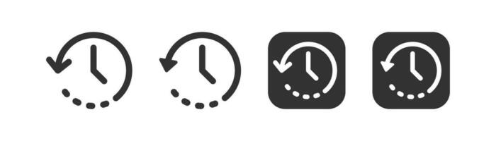 History time icon. Clock back symbol. Restore watch signs. Return symbols. Chronology icons. Black color. Vector sign.