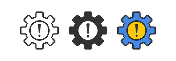 Gear error icon. System failure symbol. Technical warning signs. Exclamation mark symbols. Attention alert trouble work icons. Black, blue, yellow color. Vector sign.