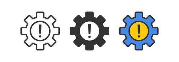 engranaje error icono. sistema fracaso símbolo. técnico advertencia señales. exclamación marca simbolos atención alerta problema trabajo iconos negro, azul, amarillo color. vector signo.