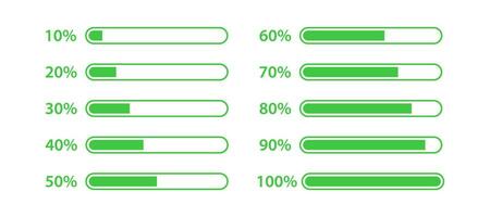 Bar progress icon. Download symbol. Status upload signs. Interface process symbols. UI update icons. Green color. Vector sign.