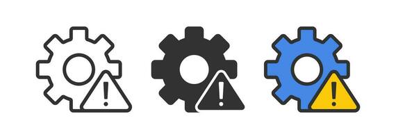 engranaje error icono. sistema fracaso símbolo. técnico advertencia señales. exclamación marca simbolos atención alerta problema trabajo iconos negro, azul, amarillo color. vector signo.