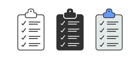 Clipboard icon. Checklist symbol. Document test signs. Complete work on the board symbols. Office clip icons. Black, flat color. Vector sign.