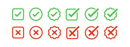 Check mark icon. Wrong symbol. Correct in checkbox signs. X element symbols. Cancel, accept in circle icons. Green, blue color. Vector sign.