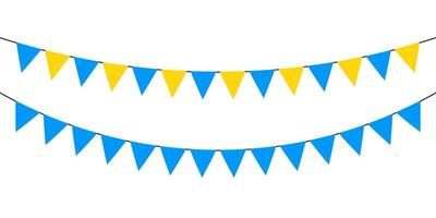 Flag garlands. Festive bunting. Triangle banners. Birthday decoration. Background decor for celebration. Blue, yellow color. Vector sign.
