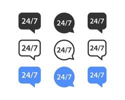 24 7 clock icon. Always open symbol. Support 24h signs. Speech bubble symbols. Phone call icons. Black, blue color. Vector sign.