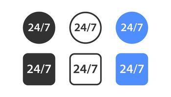 24 7 clock icon. Always open symbol. Support 24h signs. Square, circle symbols. Phone call icons. Black, blue color. Vector sign.