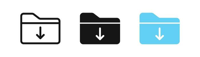 File folder download icon. Document upload symbol. Data archive signs. Arrow down saves symbols. Information repository icons. Black, blue color. Vector sign.