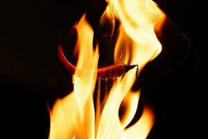 Chili pepper on fork with flames on black background. Burning red chili pepper. Slow motion photo