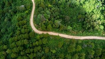 Aerial view from drone of mountain road with sun shining in forest. Top view of a road on a hill in a beautiful lush green forest in Thailand. Natural landscape background. photo