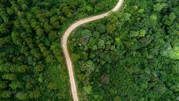 Aerial view from drone of mountain road with sun shining in forest. Top view of a road on a hill in a beautiful lush green forest in Thailand. Natural landscape background. photo