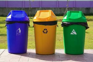 Set of plastic bins, green, yellow and blue. Different colored trash cans for General, Compostable and Recyclable waste. photo