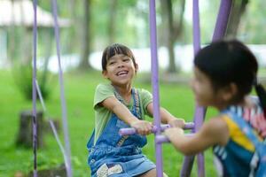 Two cute little sisters having fun playing in the playground during summer. Adorable little girl rocking a horse in a playground with a smile and laughter. Active summer leisure for kids. photo