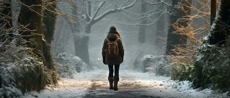 AI generated Photo of a lone hiker, a woman walking through a snow-covered forest, her figure enveloped in fog.