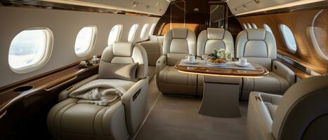 AI generated Luxurious private jet interior, leather seats, plush upholstery. AI generative. photo