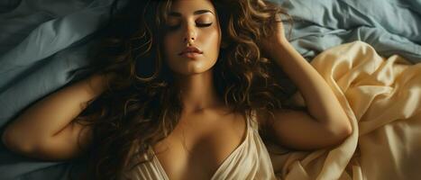 AI generated Elegant young woman lying on a bed, showcasing her beauty and style. With her long, curly hair and natural makeup, she exudes sensuality and glamour. photo