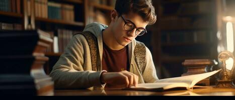 AI generated Young man in glasses deeply engrossed in a book, in a library. AI generative. photo