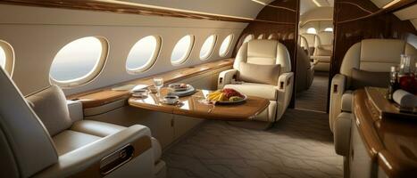 AI generated Luxurious private jet interior, leather seats, plush upholstery. AI generative. photo