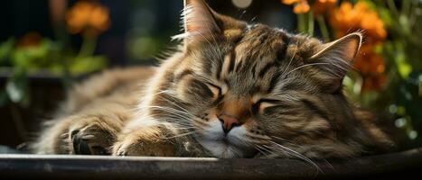 AI generated Charming and funny photo of a sleepy kitten, showcasing its fluffy striped fur and adorable expression.