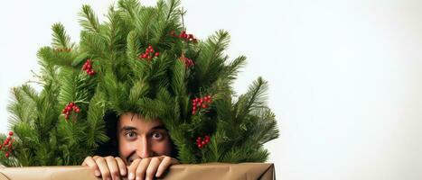 AI generated Playful man hiding behind Christmas tree. AI generative. photo