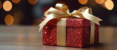 AI generated Festive red gift box with gold ribbon on rustic table. AI generative. photo