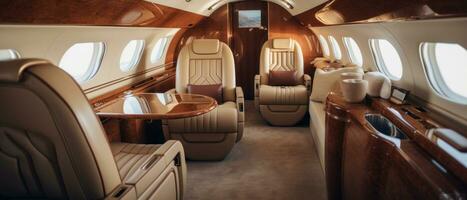 AI generated Luxurious private jet interior, leather seats, plush upholstery. AI generative. photo