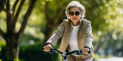 AI generated Elegant senior woman cycling in park. AI generative. photo