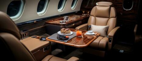 AI generated Opulent private jet interior, sleek table, elegant chairs. AI generative. photo