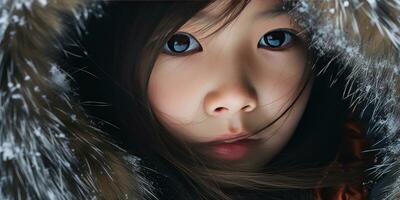 AI generated Young girl in fur coat with intense gaze. AI generative. photo