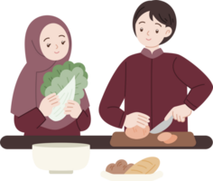 muslim people cooking together for fasting suhoor iftar cartoon illustration png