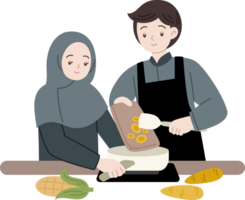 muslim people cooking together for fasting suhoor iftar cartoon illustration png