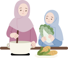 muslim people cooking together for fasting suhoor iftar cartoon illustration png