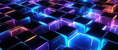 AI generated Bright neon elements and 3D cubes create a modern, tech-savvy atmosphere. photo