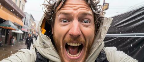 AI generated Excited Man in Snowy Urban Setting photo