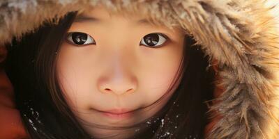 AI generated Young girl in fur coat with intense gaze. AI generative. photo