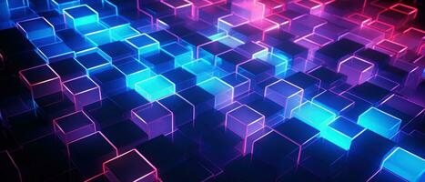 AI generated Bright neon elements and 3D cubes create a modern, tech-savvy atmosphere. photo